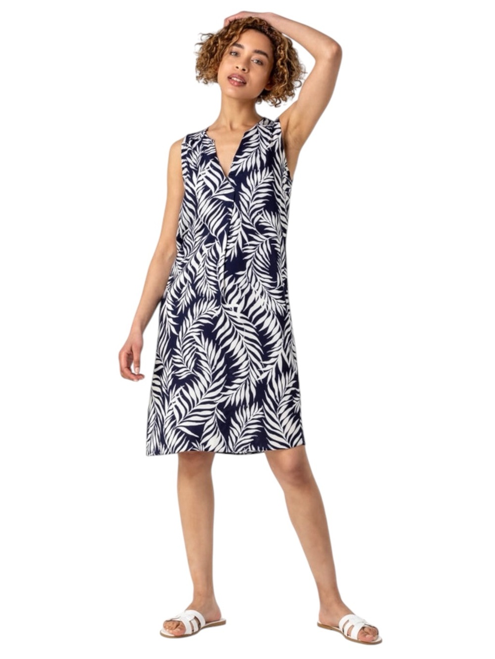 LAURA Navy/White Tropical Print Sleeveless Pocket A-Line Dress (S)